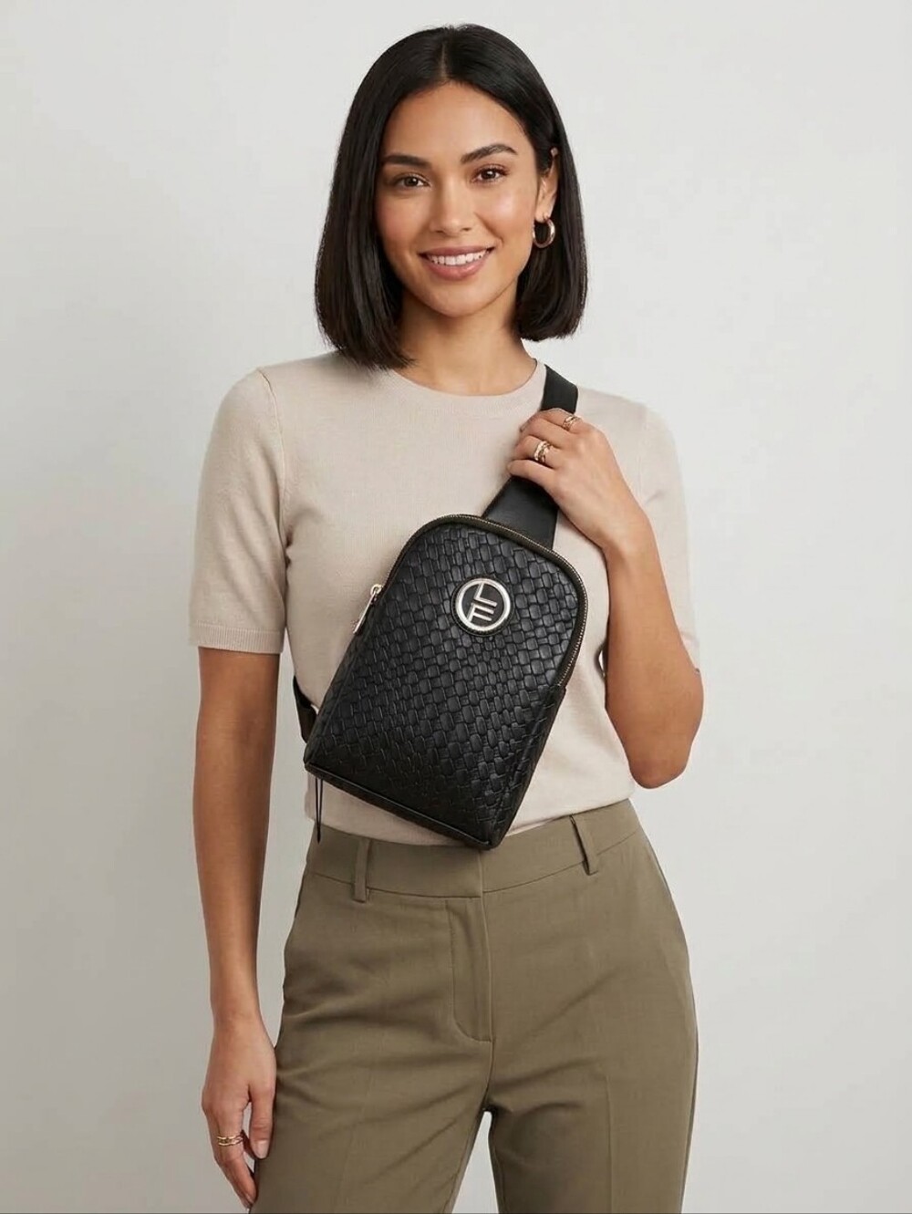 New London Fog Black Woven Crossbody Sling Bag Faux Leather Women's Bags